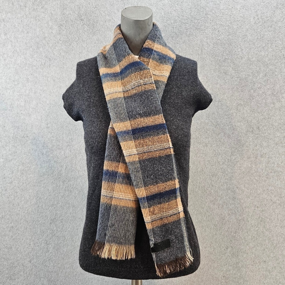 Vintage Halstom Plaid Winter Scarf Grey Navy Tan Fringed Soft Woven Wrap